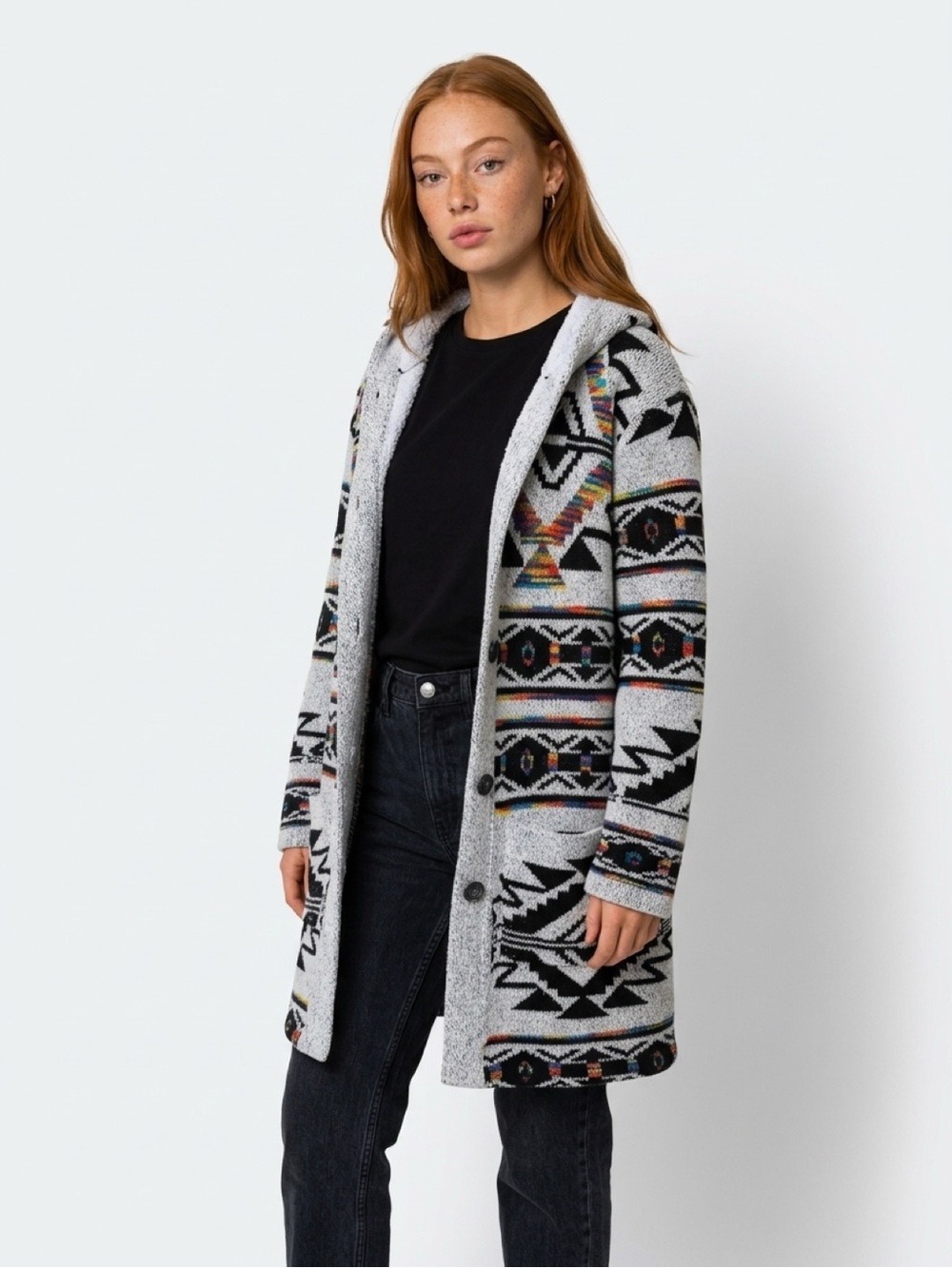 Hooded Aztec Knit Longline Cardigan Sweater - Gray